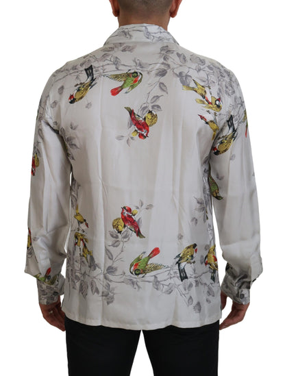 Elegant Silk Bird Print Casual Shirt