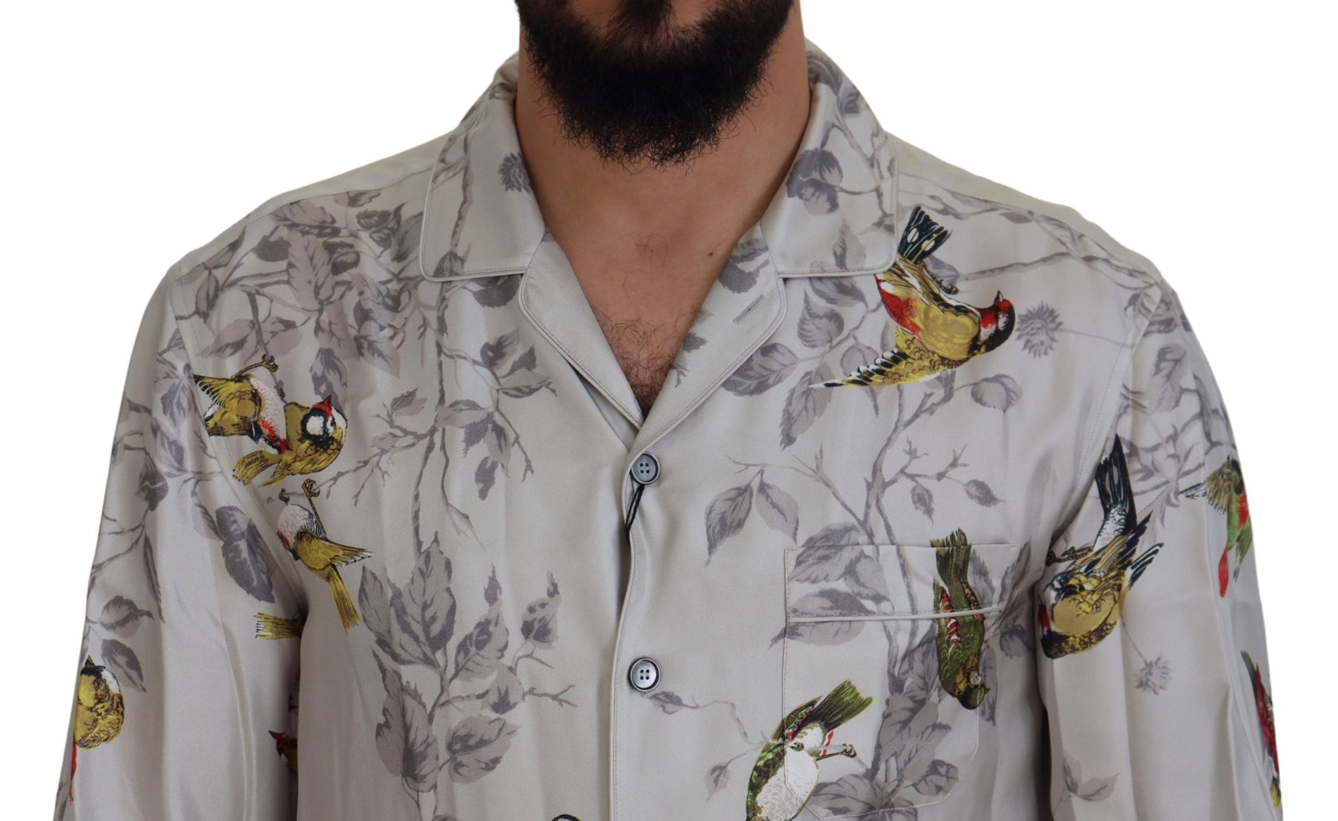 Camisa casual elegante con estampado de pájaros de seda