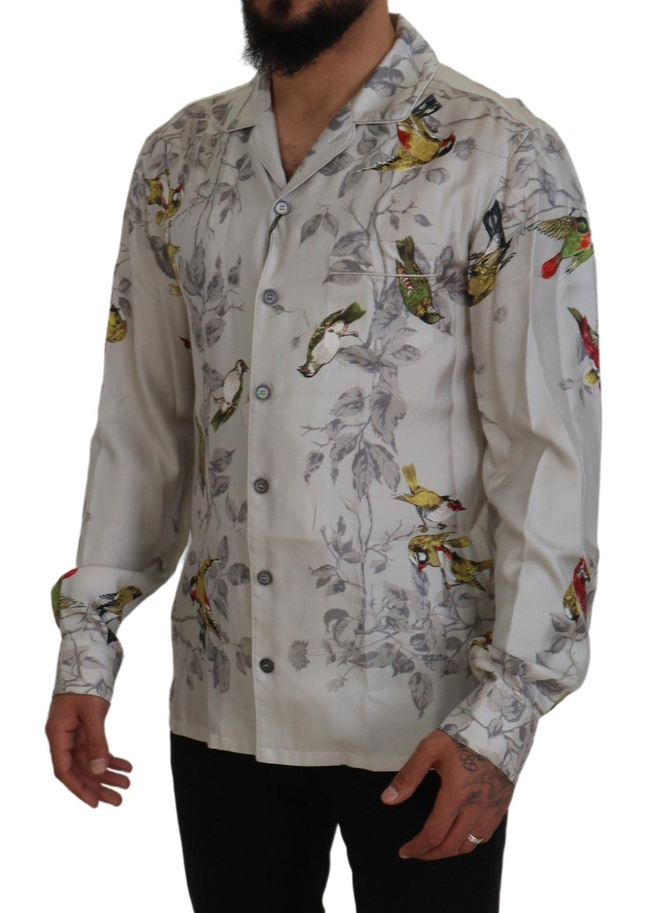 Camisa casual elegante con estampado de pájaros de seda