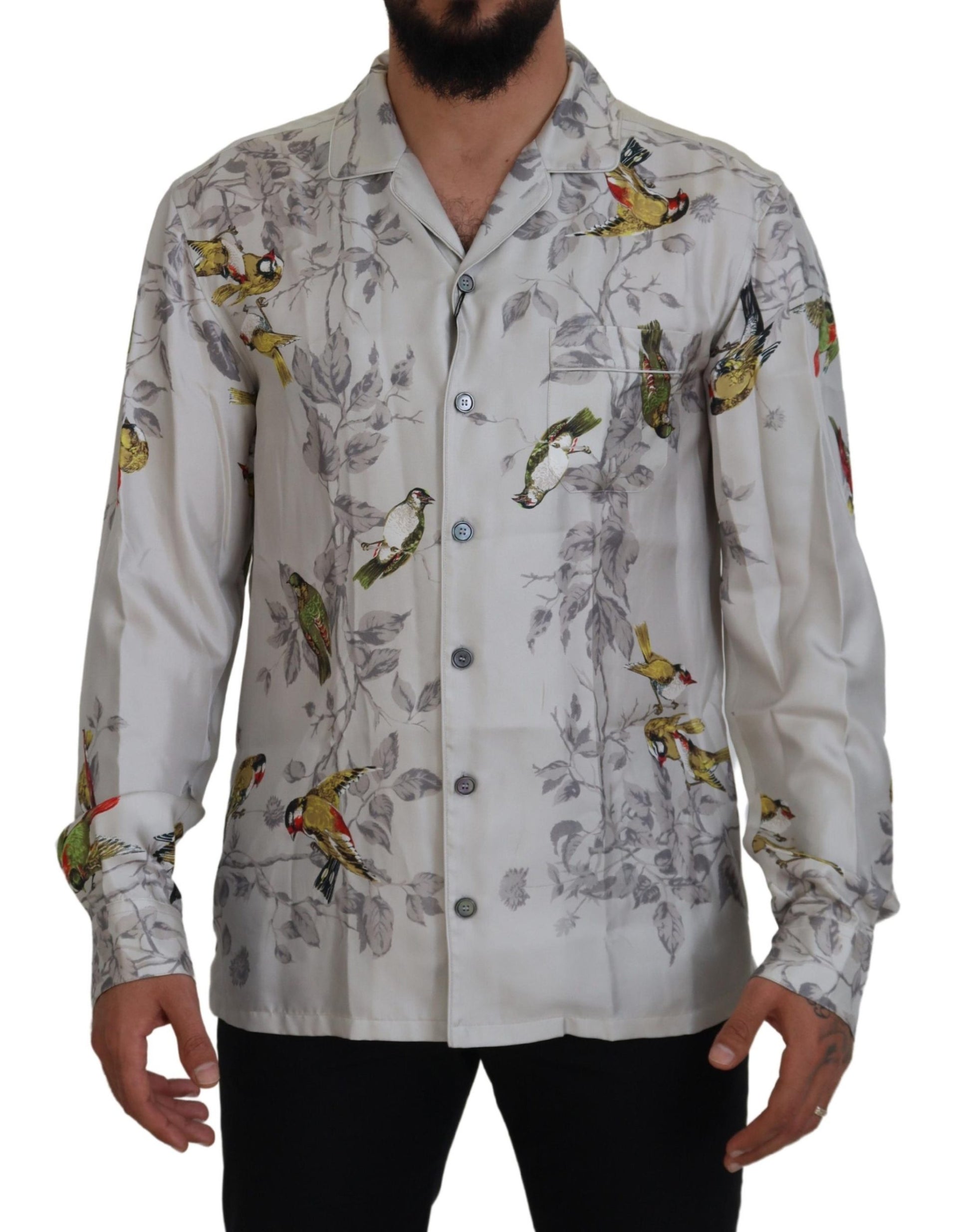 Camisa casual elegante con estampado de pájaros de seda