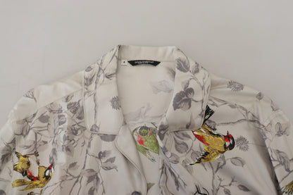 Camisa casual elegante con estampado de pájaros de seda