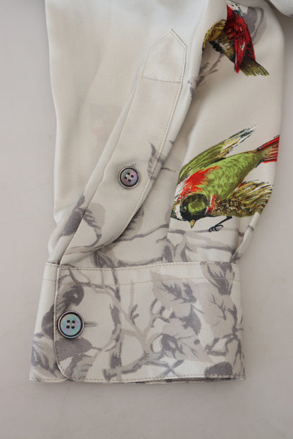 Camisa casual elegante con estampado de pájaros de seda