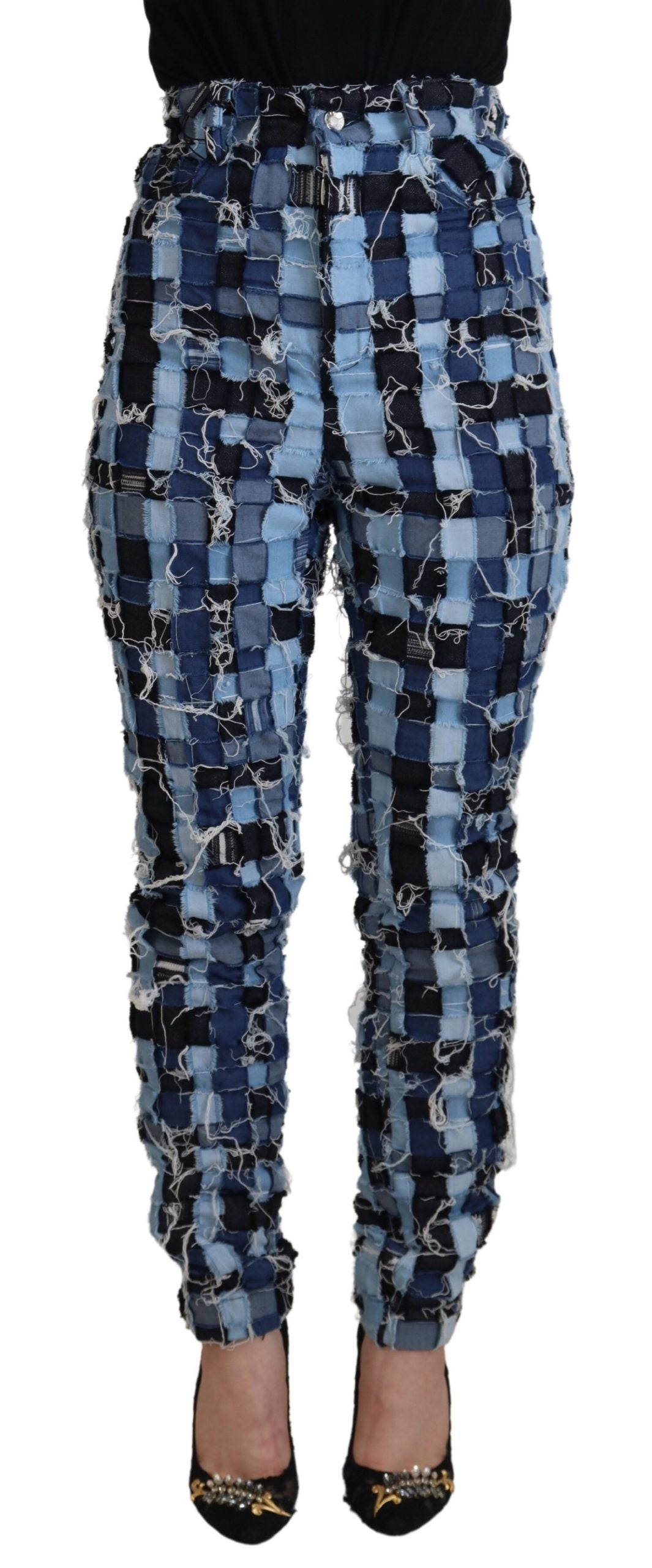 Veelkleurige skinny jeans met hoge taille en patchwork