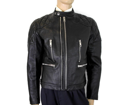 BurberryChaqueta biker acolchada con rombos de cuero negro de hombre