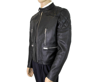 BurberryChaqueta biker acolchada con rombos de cuero negro de hombre