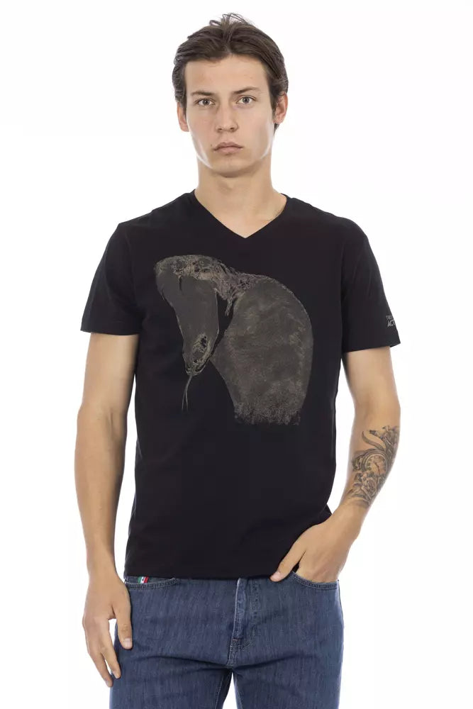 Camiseta negra con cuello en V y estampado frontal elegante