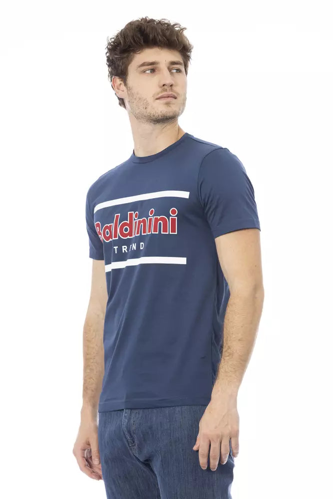 Camiseta de algodón azul elevada con estampado frontal único