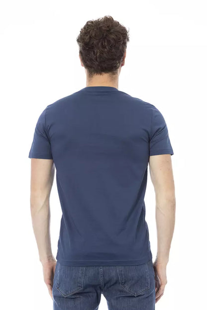 Verhoogd blauw katoenen T-shirt met unieke print op de voorkant