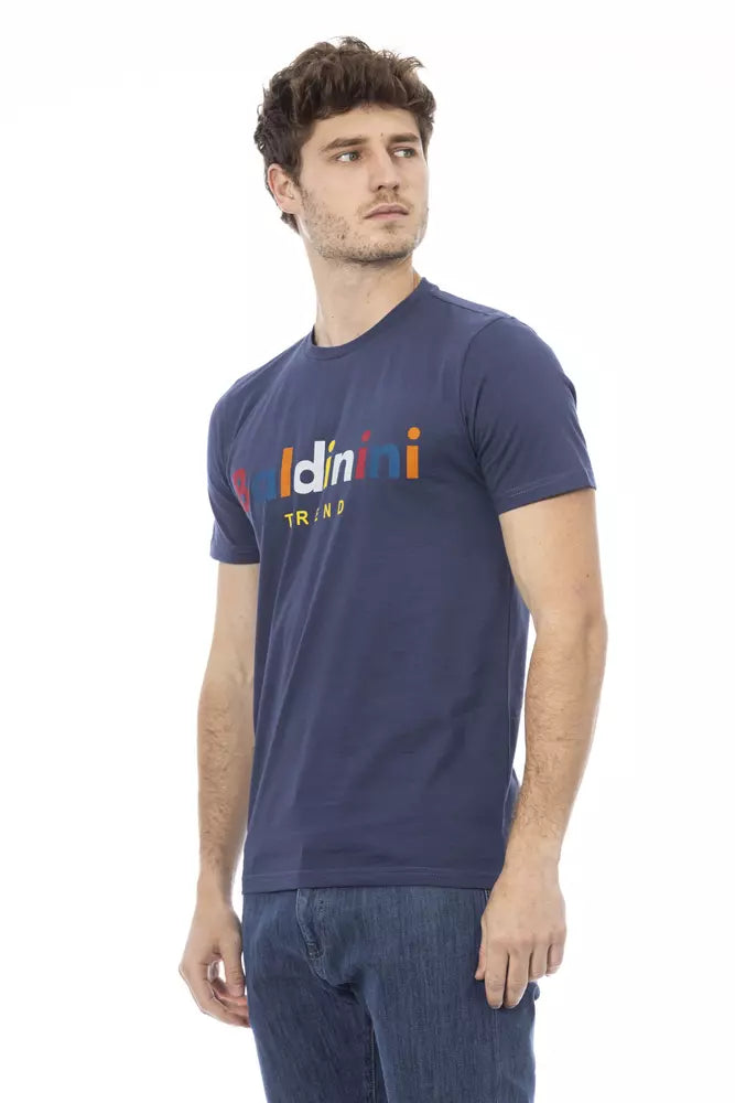 Elegante camiseta de algodón azul con elegante estampado frontal