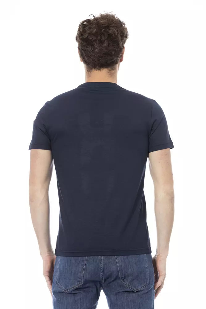 Elegante camiseta de algodón azul con estampado frontal