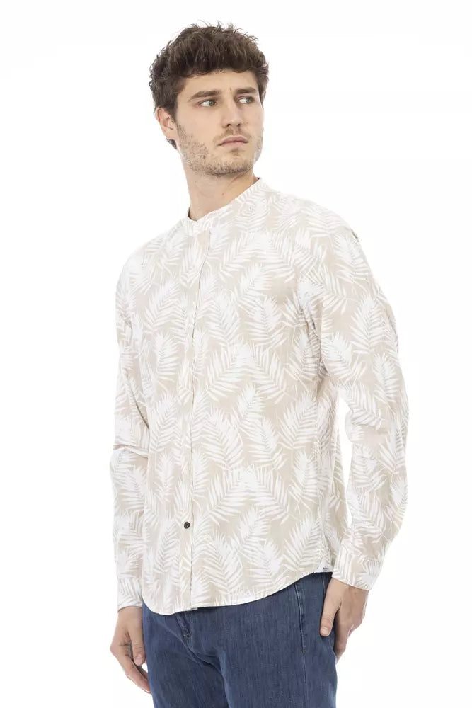 Camisa elegante de algodón con cuello mandarín beige