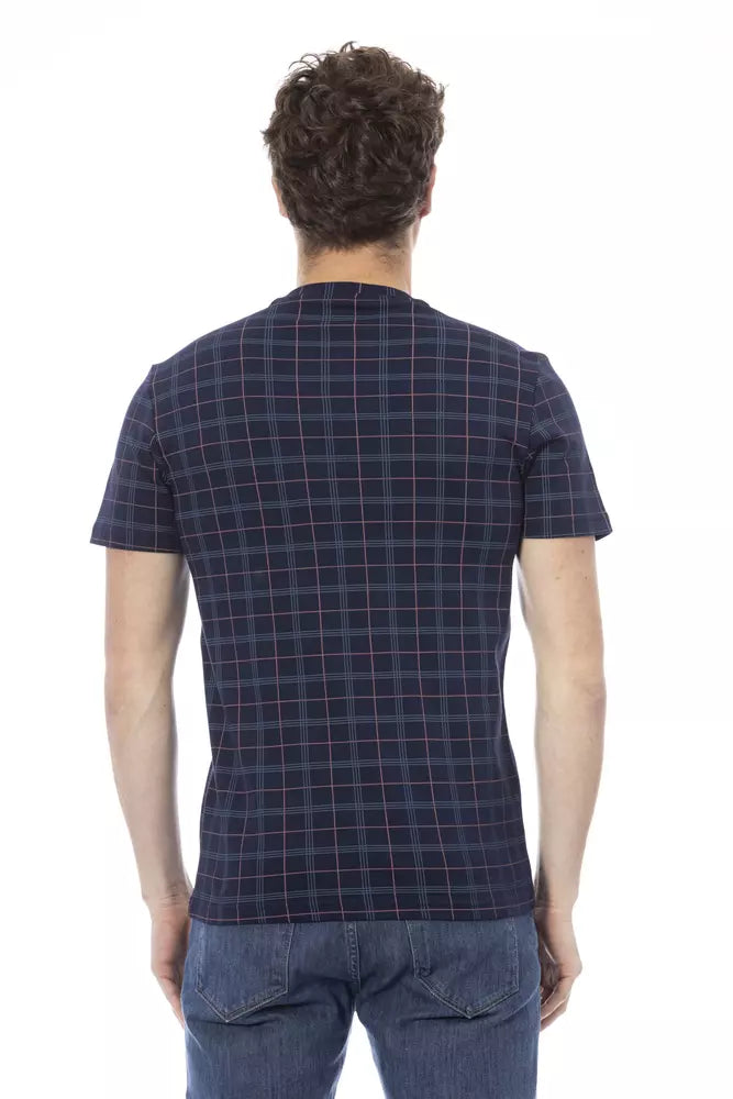 Elegante Camiseta de Algodón Azul con Estampado Frontal