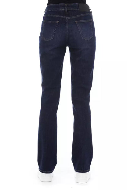 Chique blauwe jeans van katoenmix met driekleurig detail