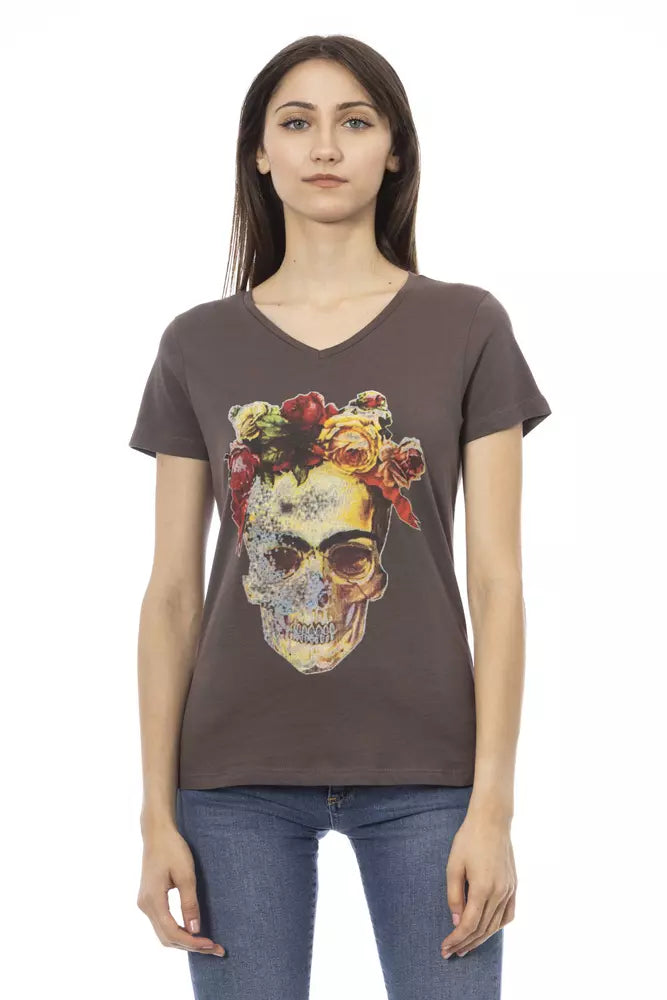 Chique T-shirt met V-hals en elegante print op de voorkant