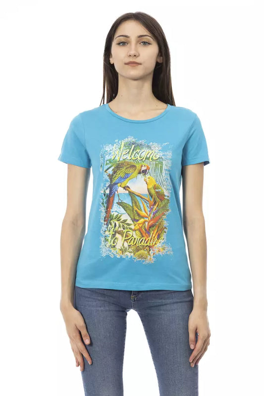 Elegant lichtblauw T-shirt met chique print op de voorkant