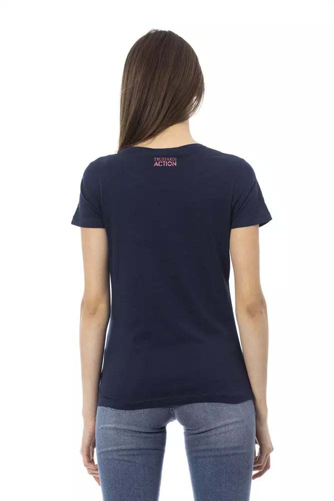 Chique blauw T-shirt met korte mouwen en print op de voorkant