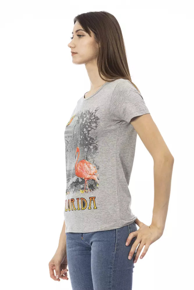 Camiseta gris elegante con cuello redondo y estampado frontal