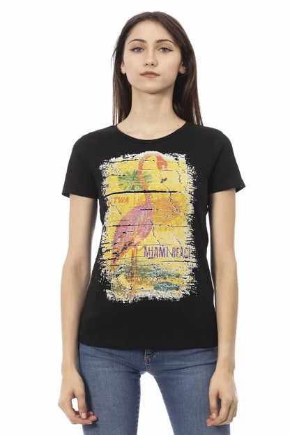 Chique zwart T-shirt met ronde hals en print op de voorkant