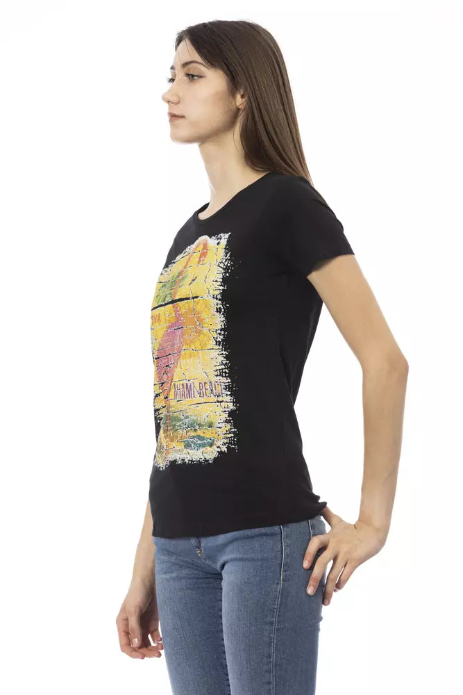 Chique zwart T-shirt met ronde hals en print op de voorkant