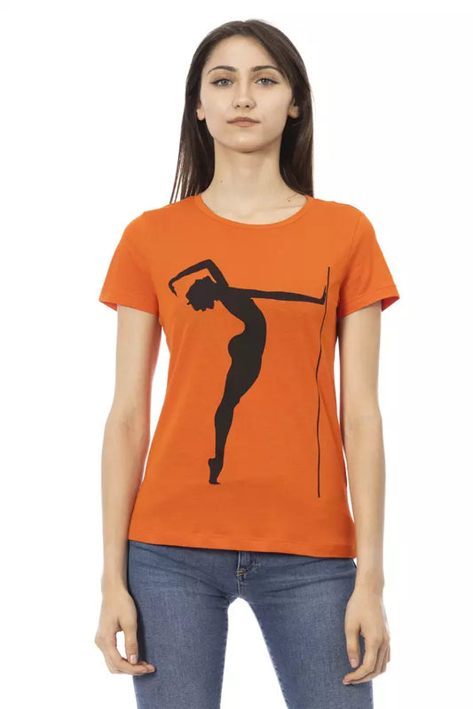 Camiseta naranja elegante con cuello redondo y estampado frontal