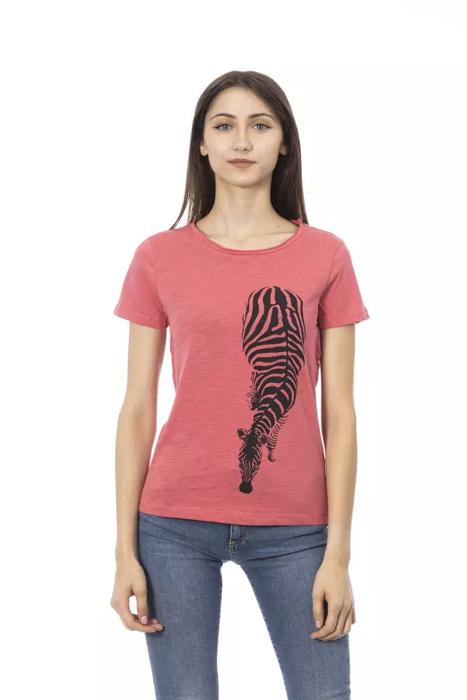 Elegant roze T-shirt met ronde hals en chique print op de voorkant