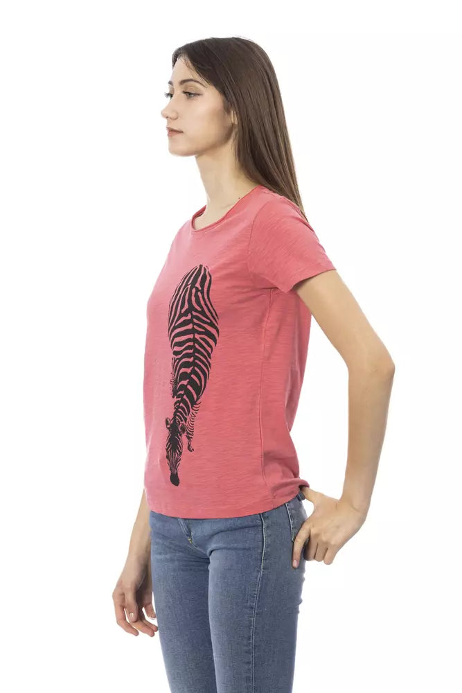 Elegant roze T-shirt met ronde hals en chique print op de voorkant