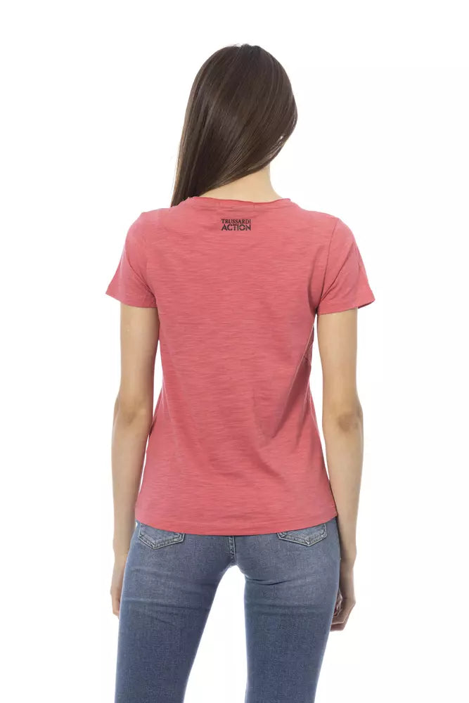 Elegant roze T-shirt met ronde hals en chique print op de voorkant