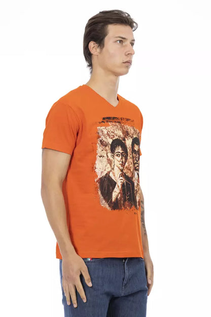 Oranje T-shirt met V-hals en grafische charme