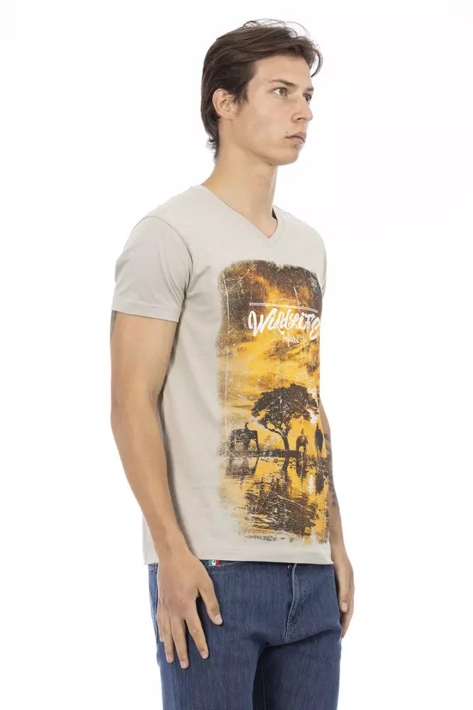 Beige T-shirt met V-hals en elegante print op de voorkant