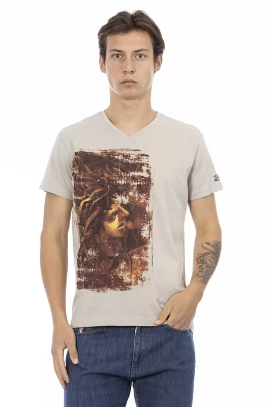 Beige T-shirt met V-hals en chique print op de voorkant