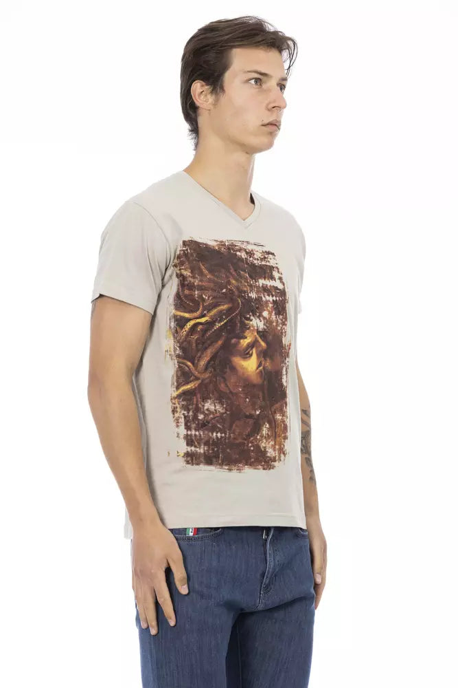 Beige T-shirt met V-hals en chique print op de voorkant