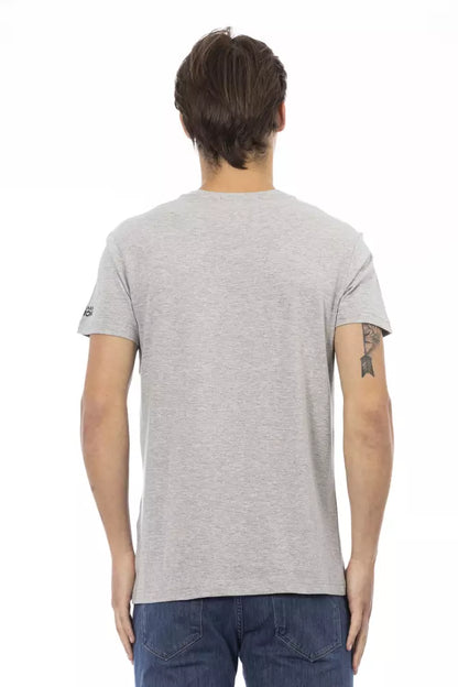 Elegante Camiseta Gris con Cuello en V y Estampado Frontal