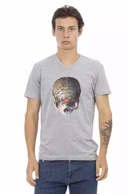 Camiseta De Manga Corta Con Cuello En V Y Estampado Frontal - Gris Elegante