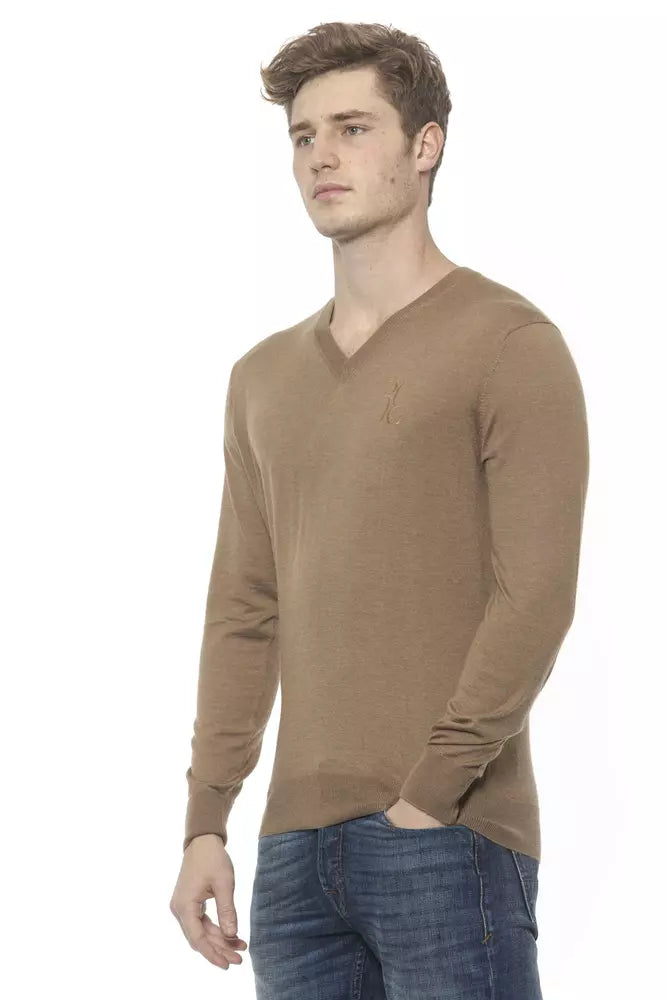 Elegante suéter de cachemira con cuello en V beige para hombre