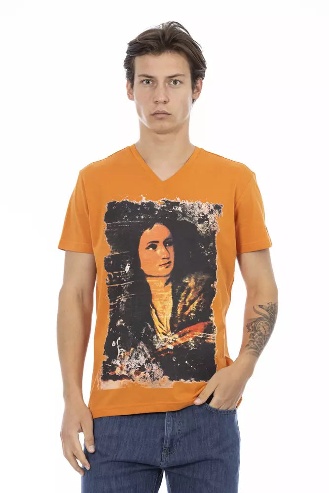 Camiseta naranja vibrante con cuello en V y estampado elegante