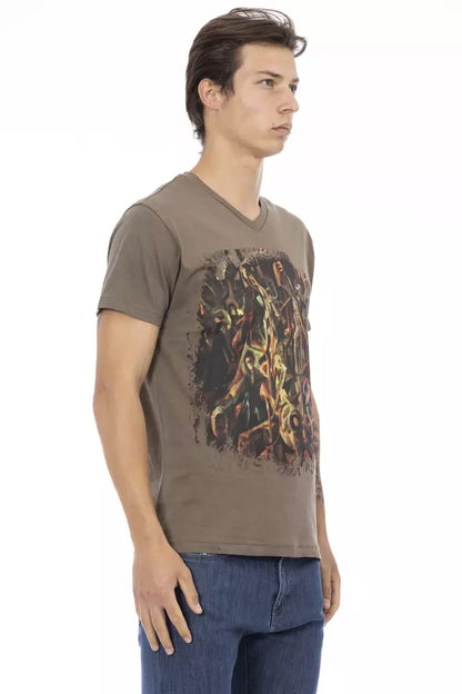 Camiseta elegante de manga corta con cuello en V en tono marrón