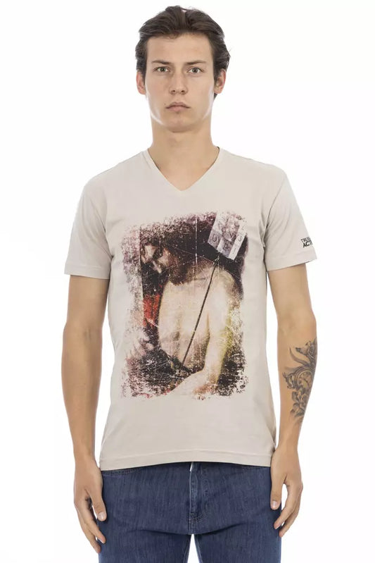 Beige T-shirt met V-hals en print op de voorkant