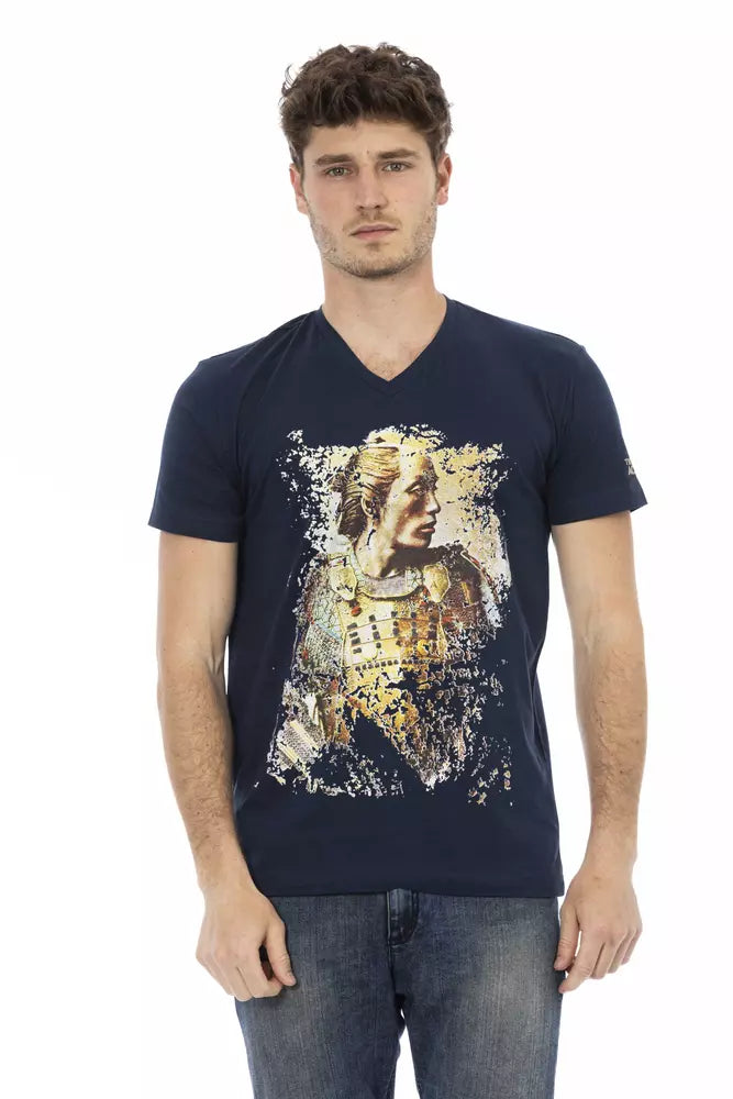 Chique blauw T-shirt met V-hals en elegante print op de voorkant