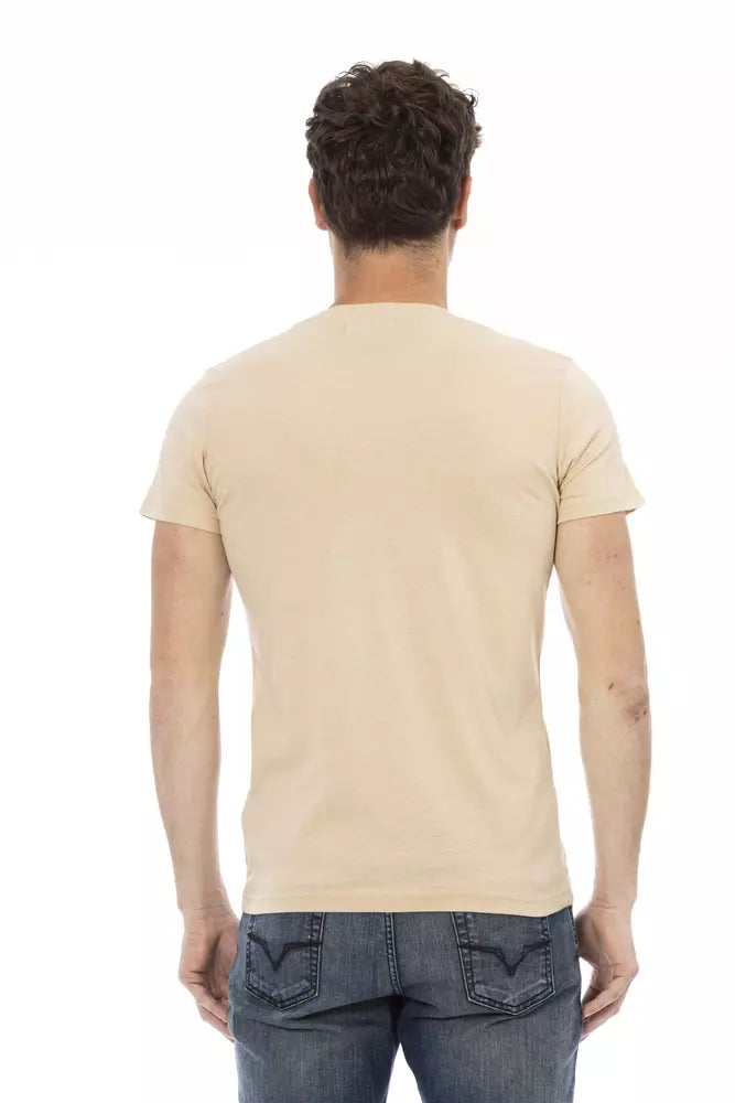 Beige T-shirt met V-hals en elegante print op de voorkant