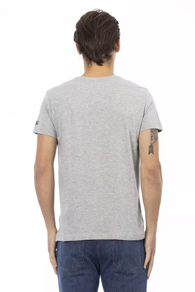 Elegante camiseta gris con cuello en V y elegante estampado frontal