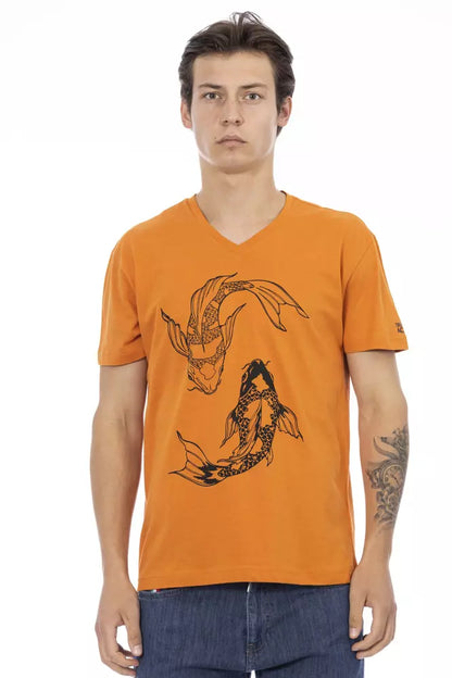 Levendig oranje T-shirt met V-hals en elegante print