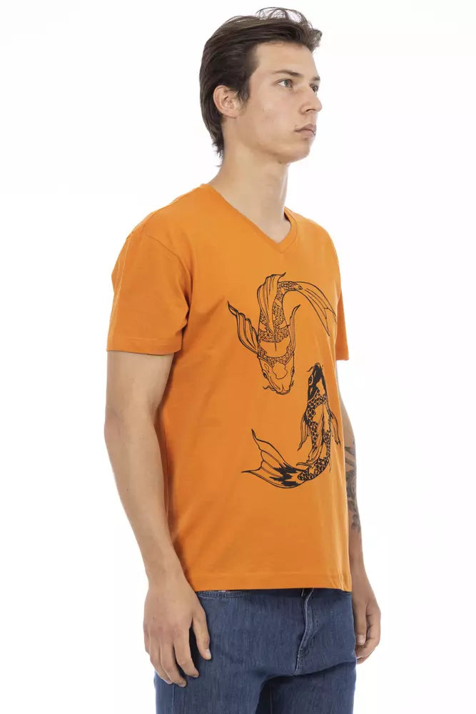 Levendig oranje T-shirt met V-hals en elegante print