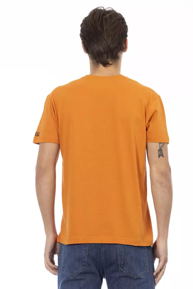 Levendig oranje T-shirt met V-hals en elegante print