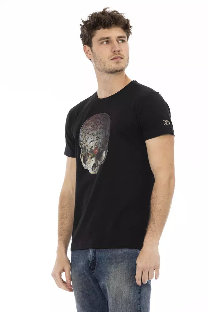 Verhoogd casual zwart T-shirt met korte mouwen en ronde hals