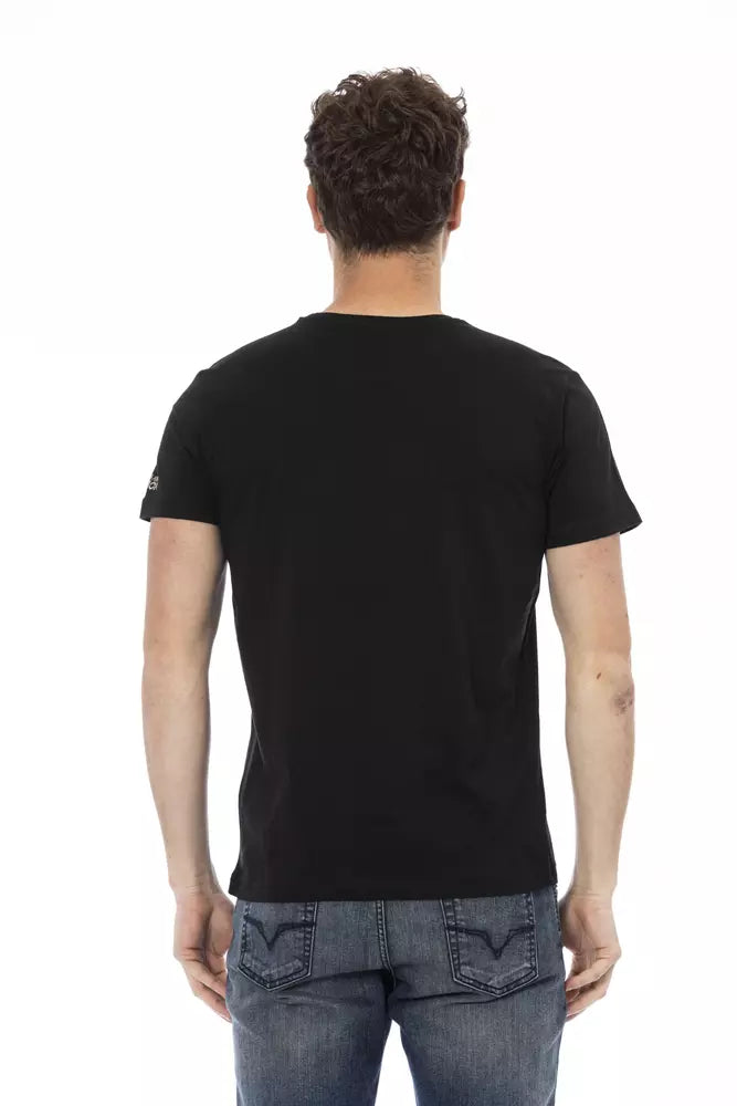 Verhoogd casual zwart T-shirt met korte mouwen en ronde hals