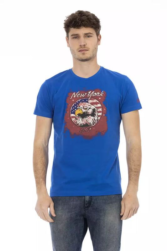 Strak blauw T-shirt met ronde hals en korte mouwen