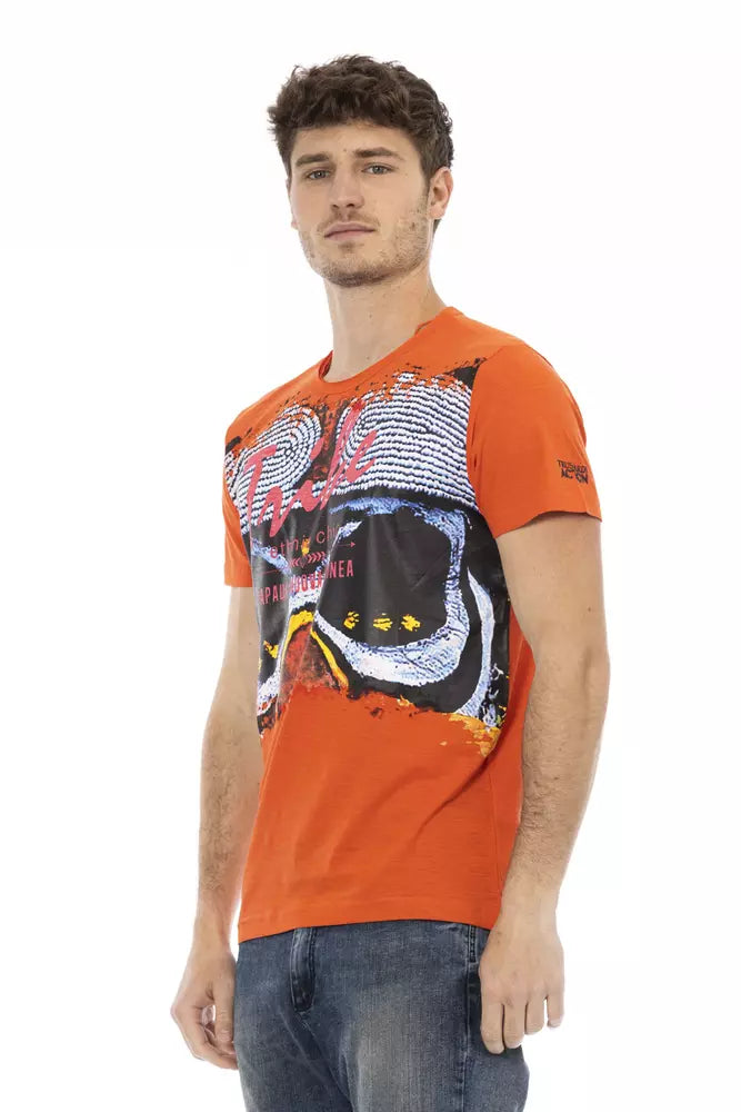 Camiseta naranja vibrante con cuello redondo y estampado