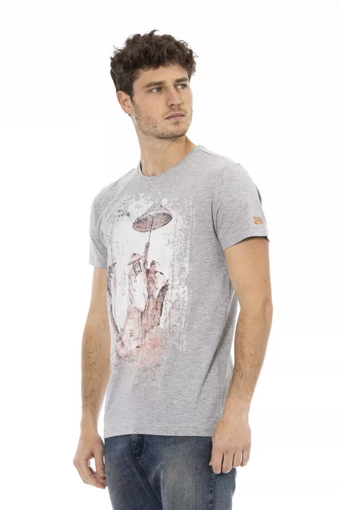 Camiseta elegante de mezcla de algodón gris con estampado artístico en el frente