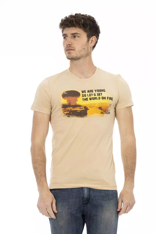 Verhoogd beige T-shirt met korte mouwen en chique print op de voorkant