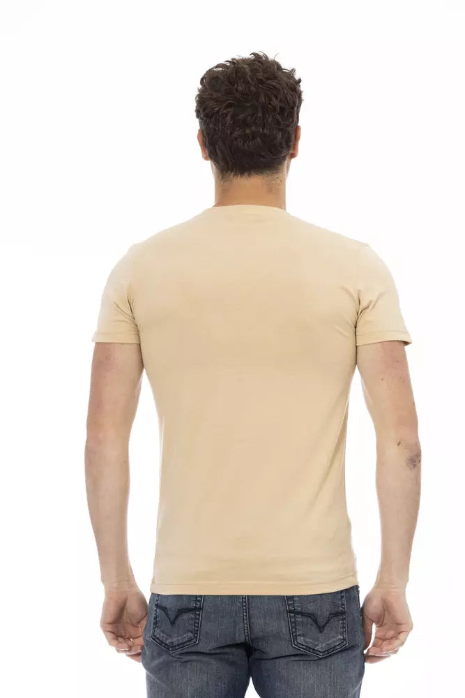 Verhoogd beige T-shirt met korte mouwen en chique print op de voorkant